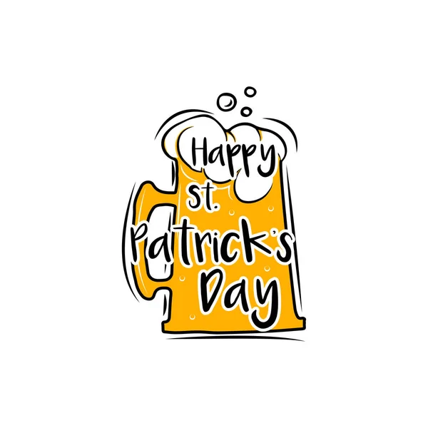 Feliz día de San Patricio etiqueta de cristal de cerveza. Ilustración vectorial aislada en blanco — Vector de stock