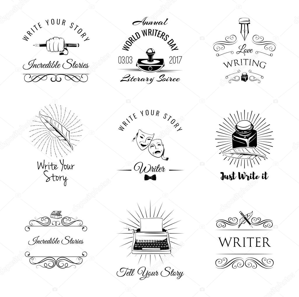 Writer vintage labeles and badges set. Arts Design Elements. Isolated On White