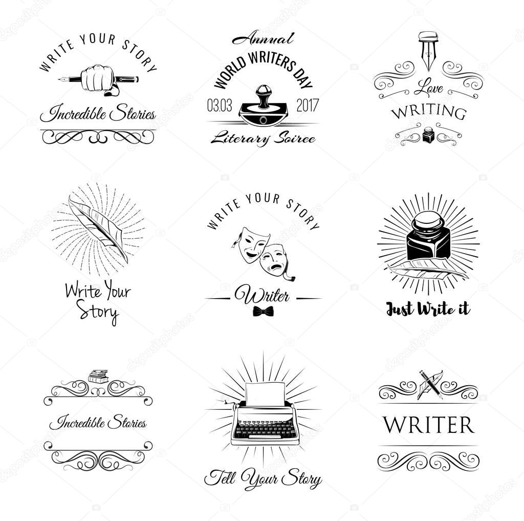 Writer vintage labeles and badges set. Arts Retro Design Elements. Isolated On White Background