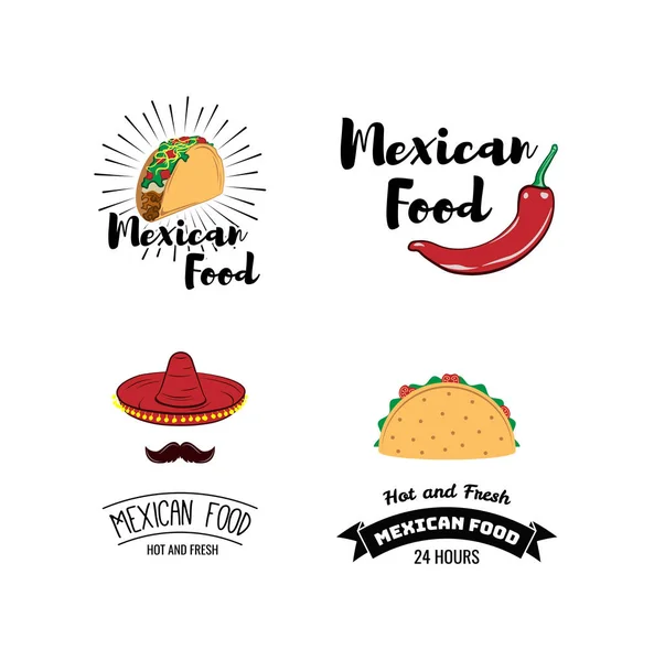 A hagyományos mexikói szimbólumokkal címkéhez. Élelmiszer emblémák étterem menü mexikói étel, a hagyományos logó sombrero és a kaktusz. — Stock Vector