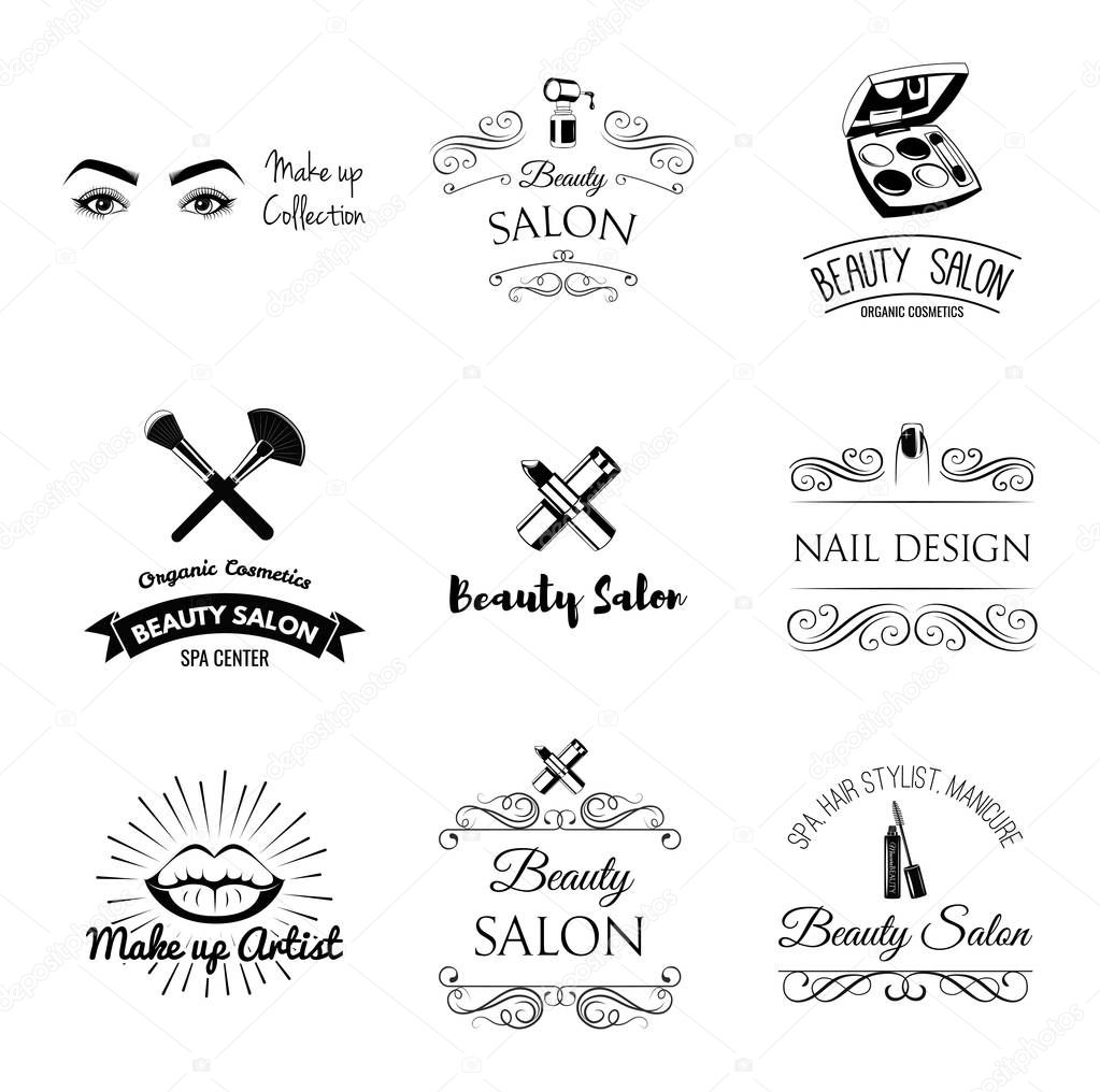 Beauty Salon Design Elements in Vintage Style. Lipstick, mascara, lips, manicure, women eyes, make up brushes, nail and finger. Vintage filigree frame, logo, banner and label