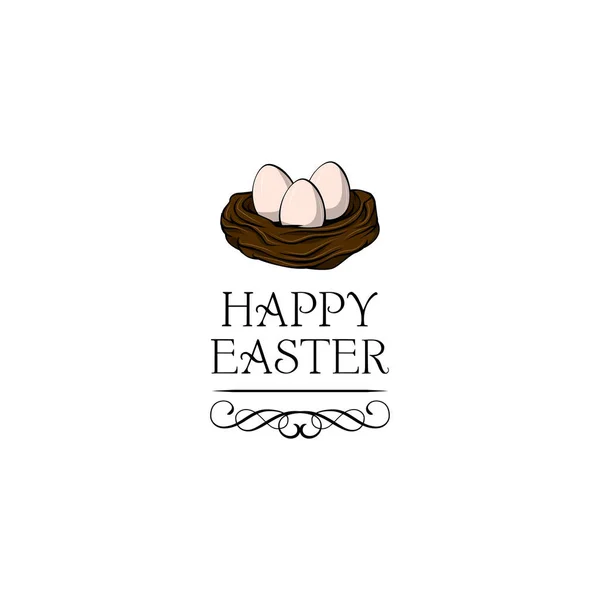 Ilustración vectorial dibujada a mano. Feliz Pascua nido de primavera con huevos de ave. Vector . — Vector de stock