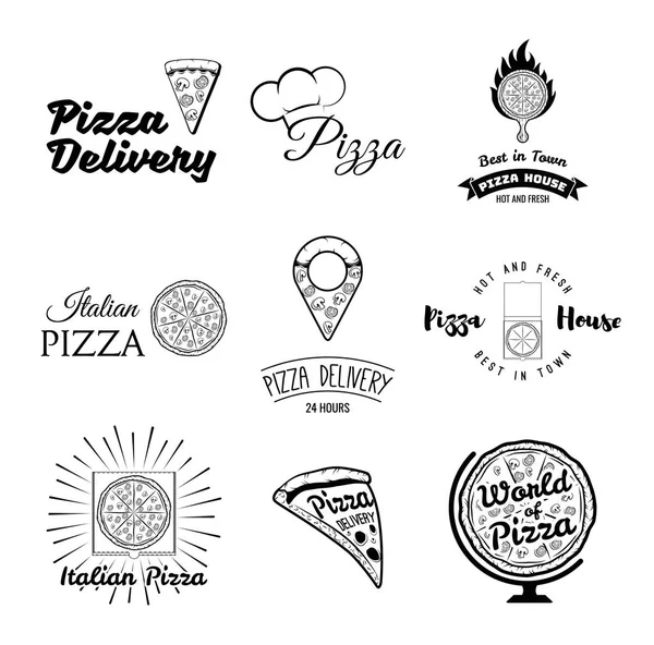 Pizzu. Italské jídlo. Pizzu. Rozvoz jídel. V Pizza restauraci. Sada štítků a odznaky Pizza. Vektorové ilustrace Pizza. — Stockový vektor