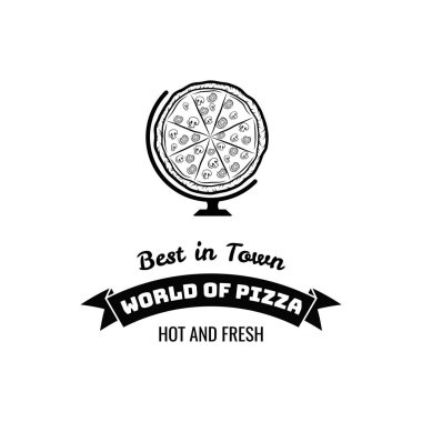 Pizza yerkürenin ince çizgi stili. İtalyan mutfağı. Gıda siluet. Vektör çizim