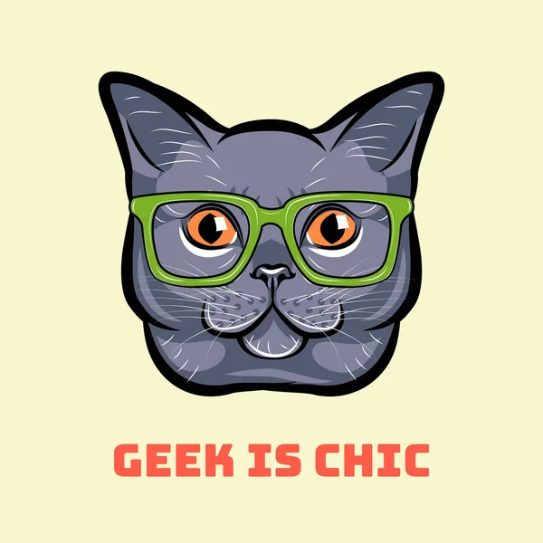 Bozal de gato gris con gafas. Gato friki. Ilustración vectorial . — Vector de stock