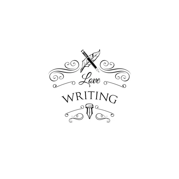 Schrijver logo met wervelingen. Veer, elegante vintage pen. Vectorillustratie. — Stockvector