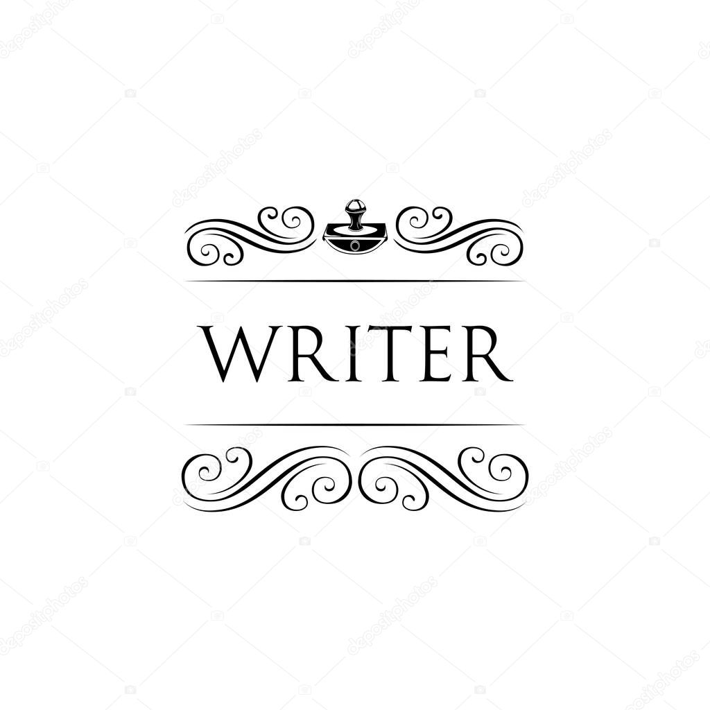 Vintage vector logo. Retro paperweight, swirls and ornate frames. Vector illustration isolated on white background.