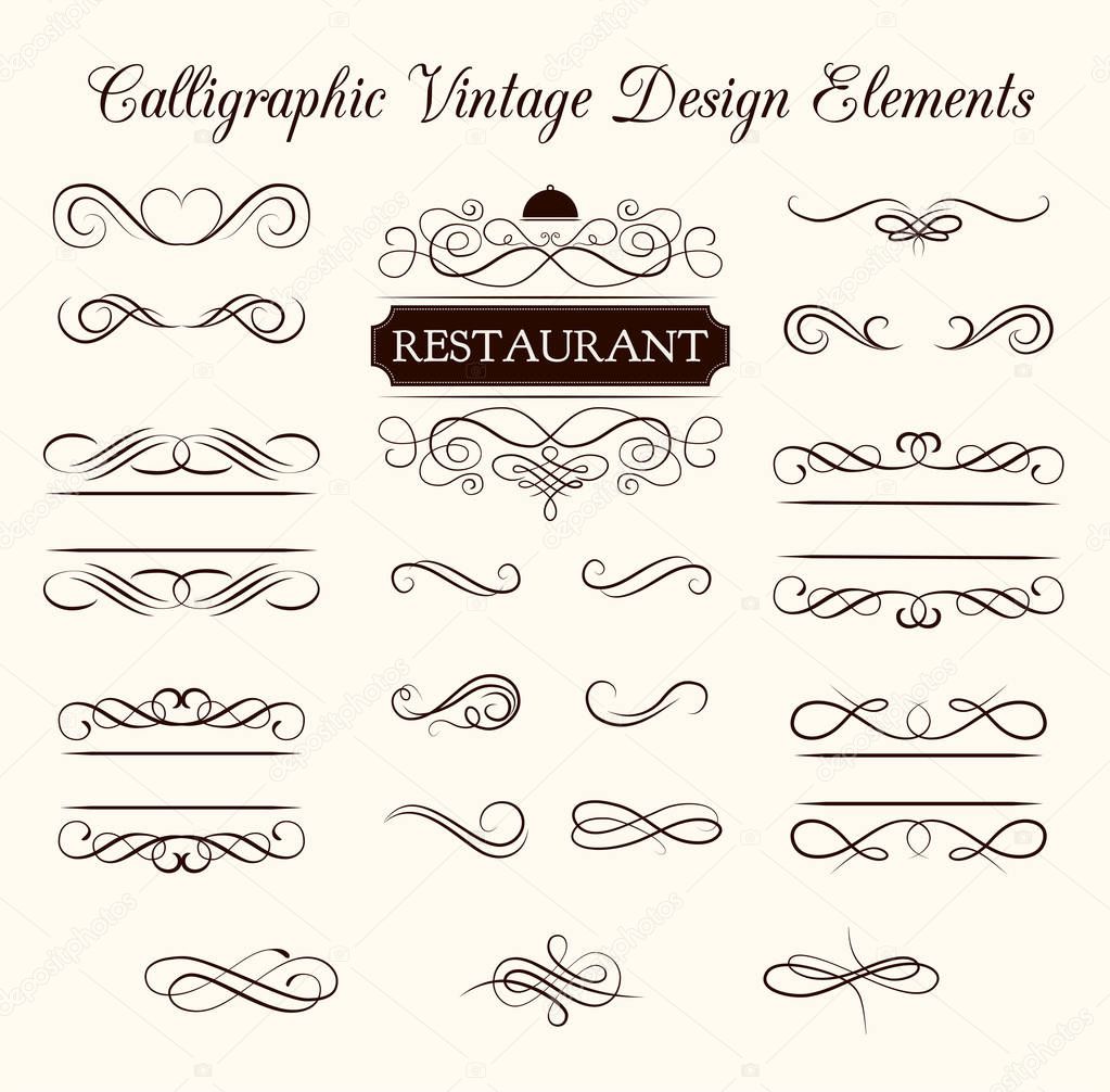 Vector set of calligraphic design elements and page decorations. Elegant collection of swirls.