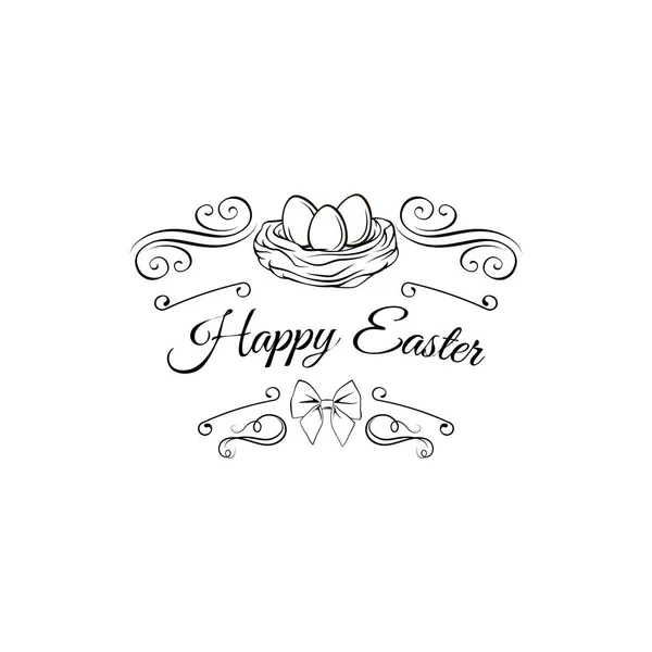 Huevo de Pascua en nido de aves con remolinos y marcos adornados. Feliz Pascua. Ilustración vectorial . — Vector de stock