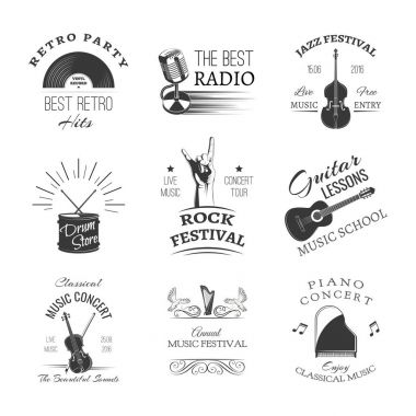 Logos Caz Festivali veya canlı konser için ayarlayın. Müzik aletleri. Vektör çizim.