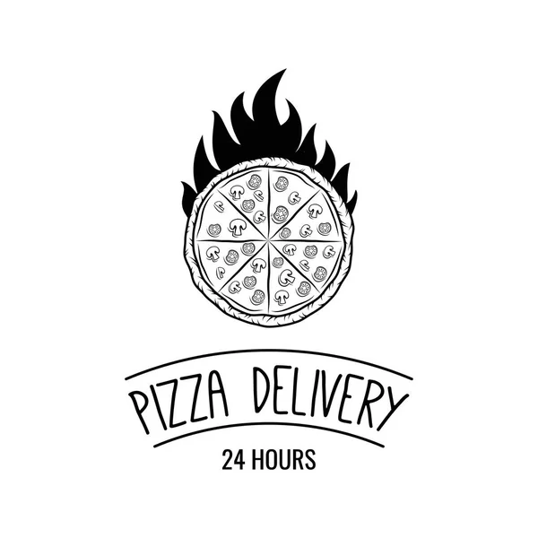 Pizza v ohni ikonu. Stojan na pizzu. Stojan pro pizzu. Pizza štítek. Vektorové ilustrace. — Stockový vektor