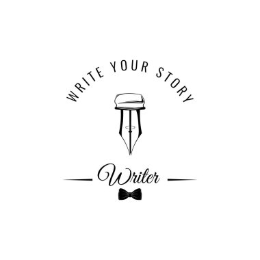 Tüy tüy kalem düz simgesi. Papyon ile yazar logo. Senin hikaye yazı yazmak. Vektör çizim.