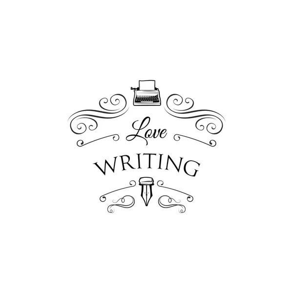 Schreibmaschinenlogos mit Schreibmaschine, Federn und Wirbeln. -Logo. Vektorillustration. — Stockvektor