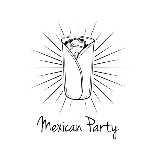 Burrito in beams. Mexican party. Mexican traditional food. Vector vintage. — Stock Vector