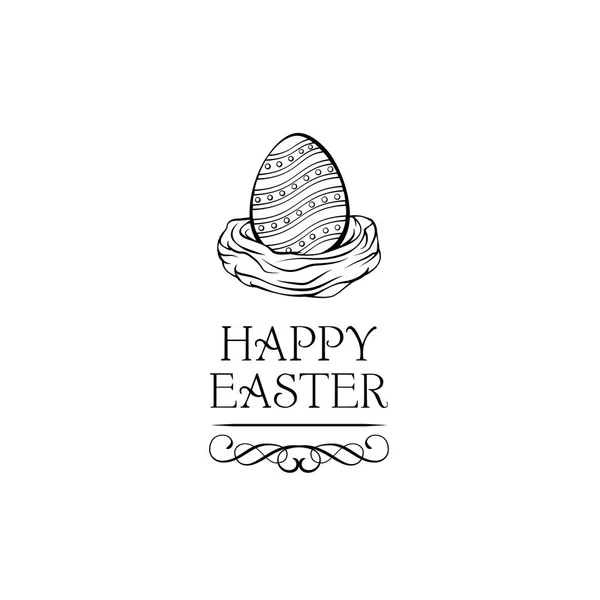 Huevo de Pascua en nido de aves. Feliz tarjeta de felicitación de Pascua. Marcos adornados, elementos florecientes. Vector . — Vector de stock