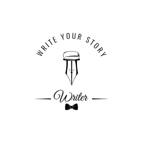 Federkiel Stift flaches Symbol. Schriftsteller-Logo mit Fliege. Schreiben Sie Ihre Geschichte Schriftzug. Vektorillustration. — Stockvektor