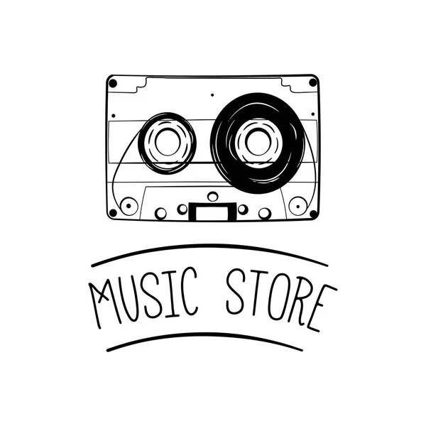 Casete de audio, icono de cinta. Insignia de etiqueta del logo de la tienda de música. Ilustración vectorial . — Vector de stock