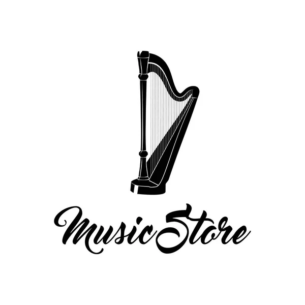 Instrumento musical de arpa. Insignia de etiqueta del logo de Music Store. Ilustración vectorial . — Vector de stock