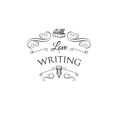 Kitap yığını. Mürekkep kalem, tüy, vintage kalem. Yazar rozeti. Vektör çizim.