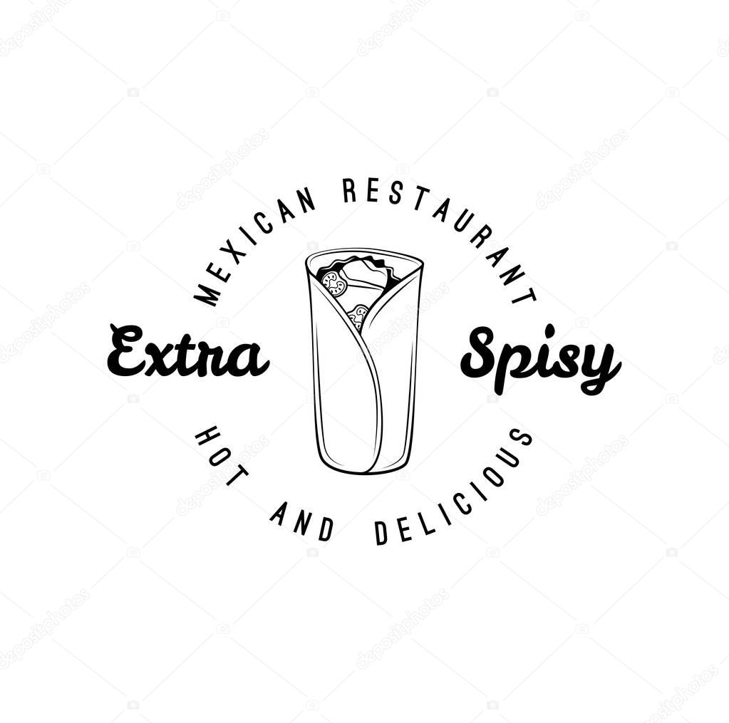 Burito icon. Mexican restaurant logo label. Mexican food, cuisine. Vector illustration. Menu design element. hot and fresh lettering.