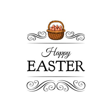 Paskalya yumurtaları sepetle. Tebrik kartı swirls, süslü çerçeve ile. Vektör çizim.