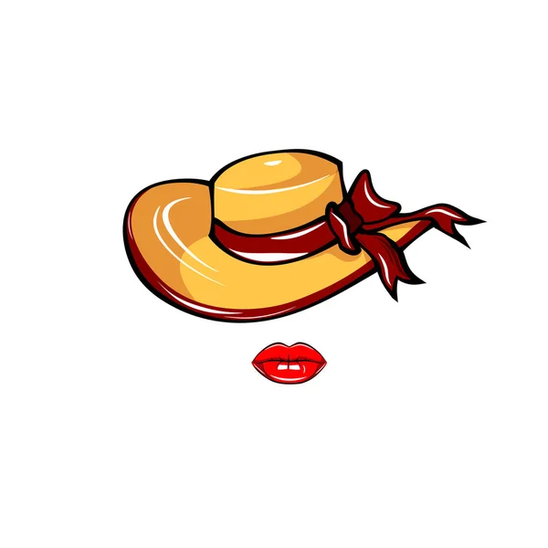 Γυναίκα καπέλο εικονίδιο. Καπέλο με πλατύ γείσο με το τόξο και τα χείλη. Εικονογράφηση διάνυσμα. — Διανυσματικό Αρχείο