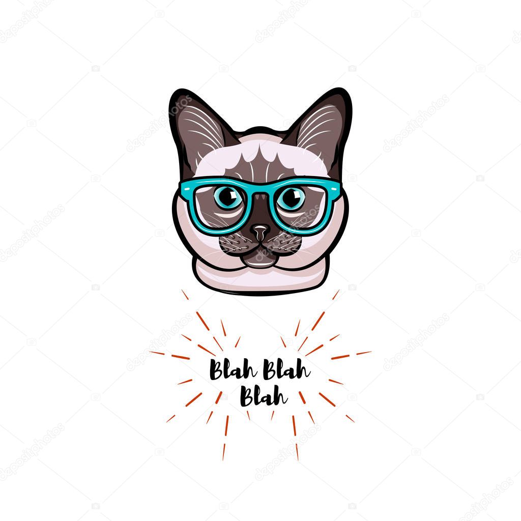 Siamese cat in smart glasses. Cat geek. Vector illustration isolated on white background.
