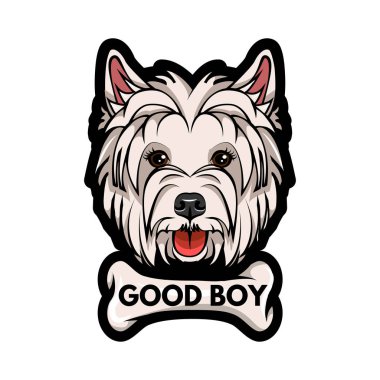 West Highland White Terrier yüz kemik ile köpek. Yazı iyi çocuk. Vektör çizim.