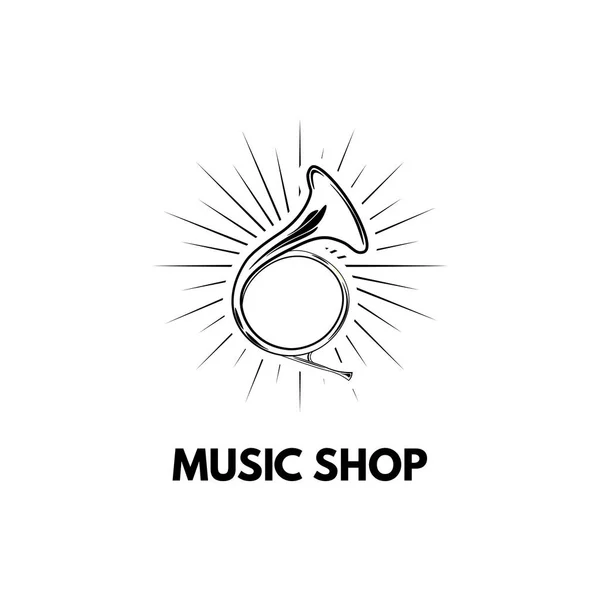 Cuerno de caza vintage dibujado a mano. Logo de la tienda de música. Ilustración vectorial . — Vector de stock