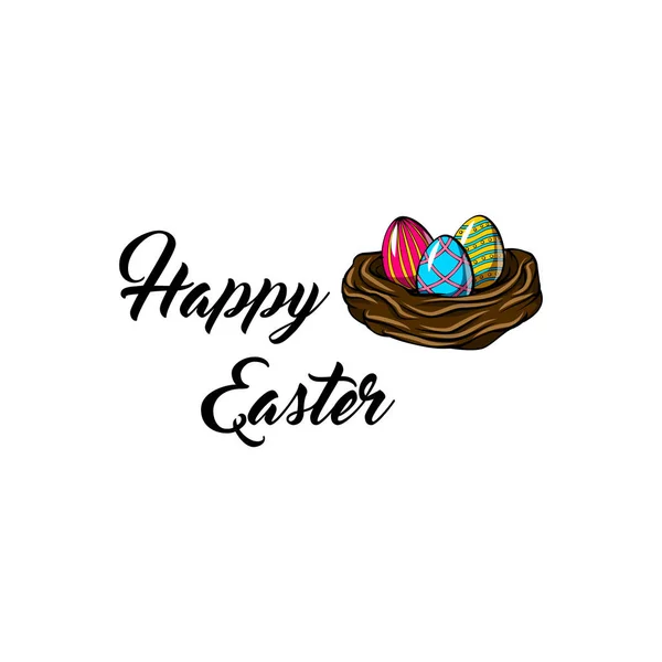Nid avec trois œufs patronnés. Carte de vœux de Pâques. Illustration vectorielle . — Image vectorielle