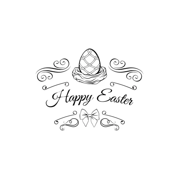 Huevos de Pascua en un nido decorado con remolinos, arco y marcos adornados. Ilustración vectorial . — Vector de stock