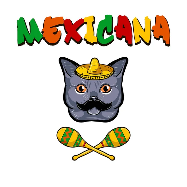Faccia di gatto. Gatto grigio con sombrero, baffi e maracas. Messaggi messicani. Illustrazione vettoriale . — Vettoriale Stock