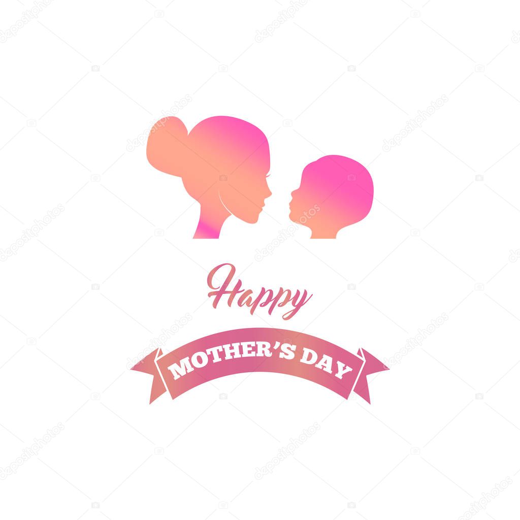 Beautiful mother silhouette with her baby, child, kid. Mother s day greeting card. Vector.