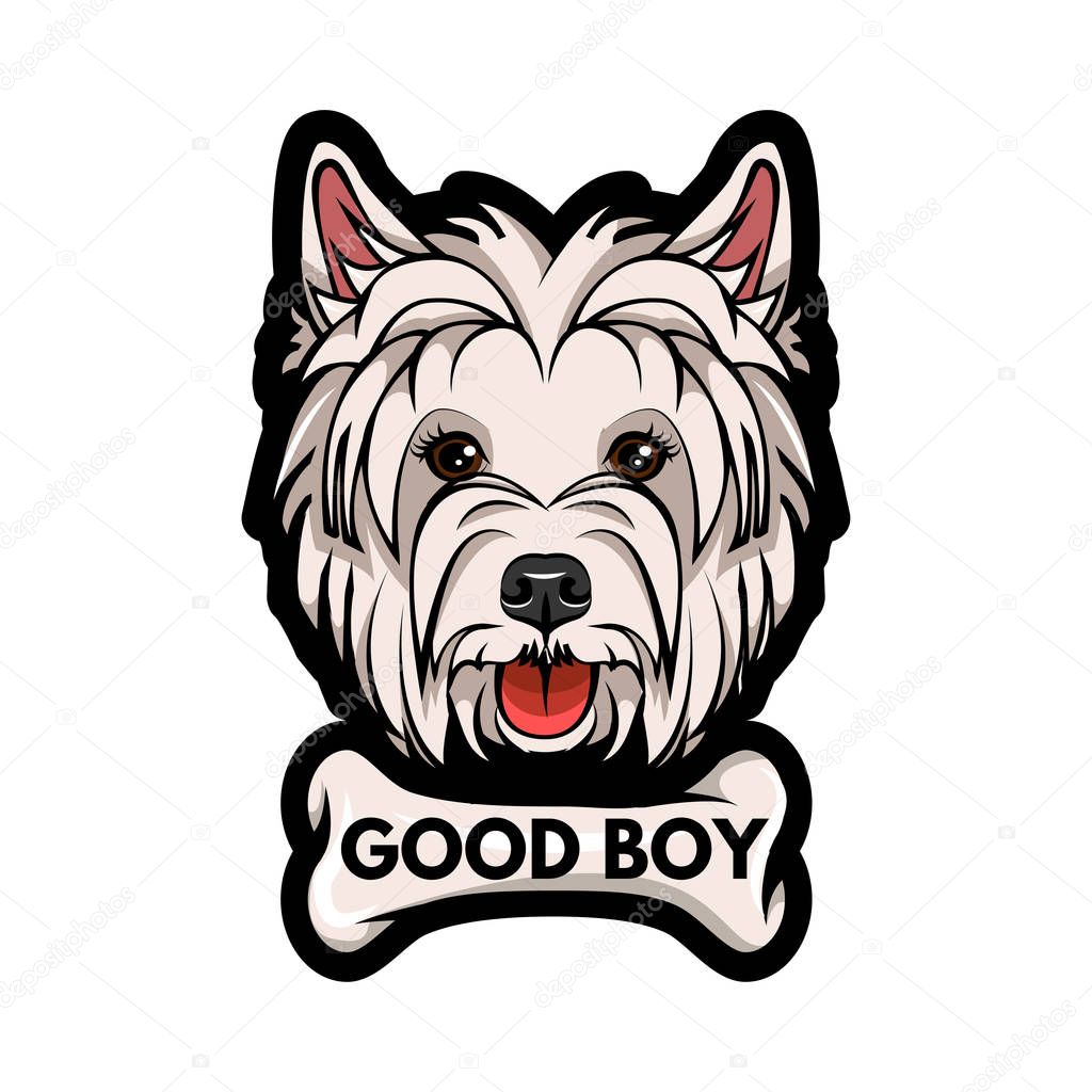 Dog West Highland White Terrier face with bone. Good boy lettering. Vector illustration.