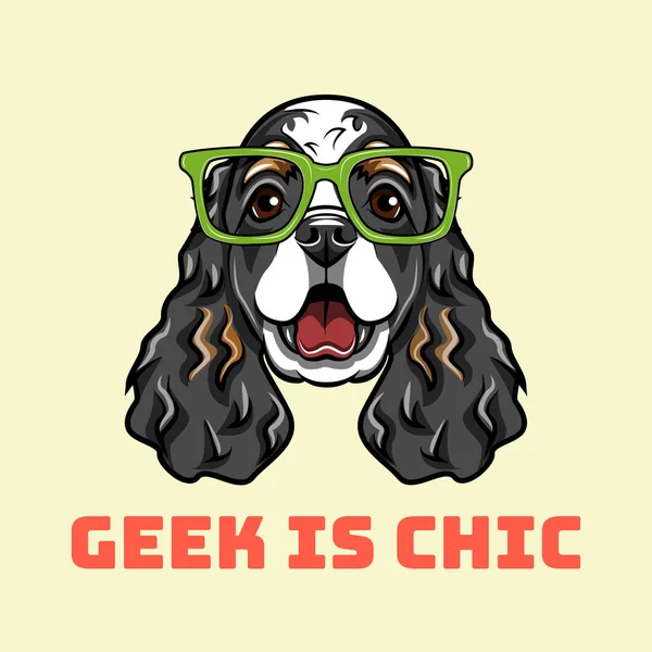 Inglês Cocker Spaniel geek. Cão de óculos inteligentes. Geek é um texto chique. Ilustração vetorial . — Vetor de Stock