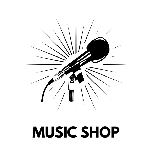 Icono de ilustración de concepto de micrófono. etiqueta del logotipo de la tienda de música. Ilustración vectorial . — Vector de stock