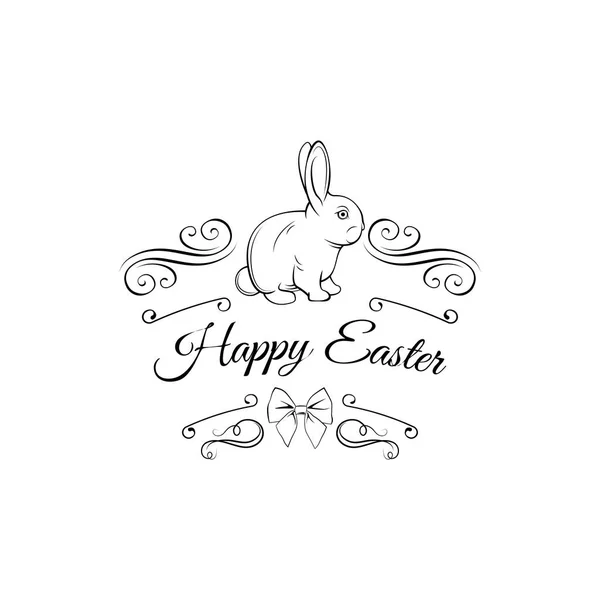 Tarjeta de Pascua con conejito, arco y remolinos. Decoraciones de tarjetas de felicitación. Ilustración vectorial . — Vector de stock