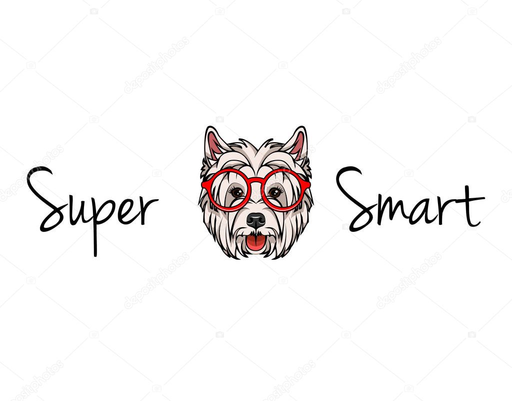 West Highland White Terrier geek. Dog in red smart glasses. Vector illustration. Supet smart text.