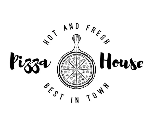 Pizza popisek dřevěné kůry. Prodej pizzy. Vektorové ilustrace. Pizza House logo. — Stockový vektor