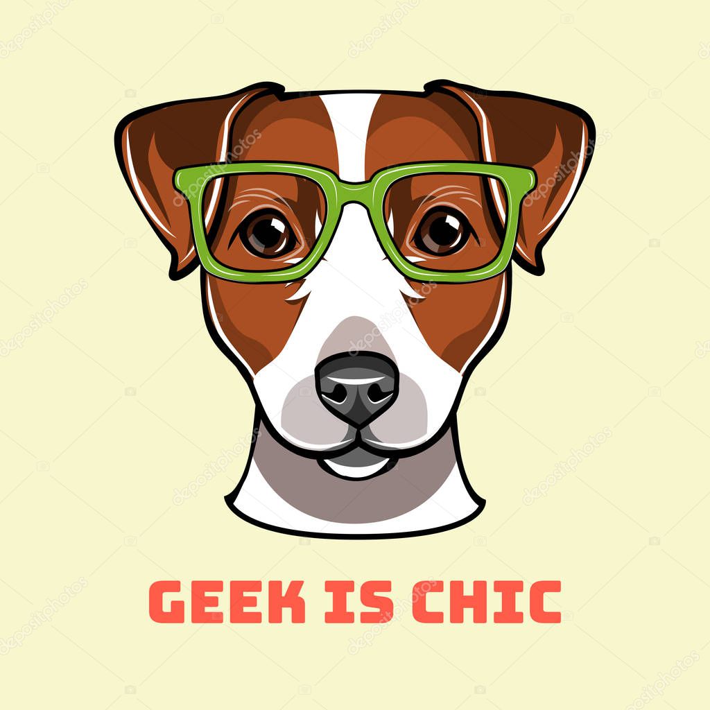 Jack Russell Terrier geek. Dog in smart glasses. Geek is chic text. Vector illustration.