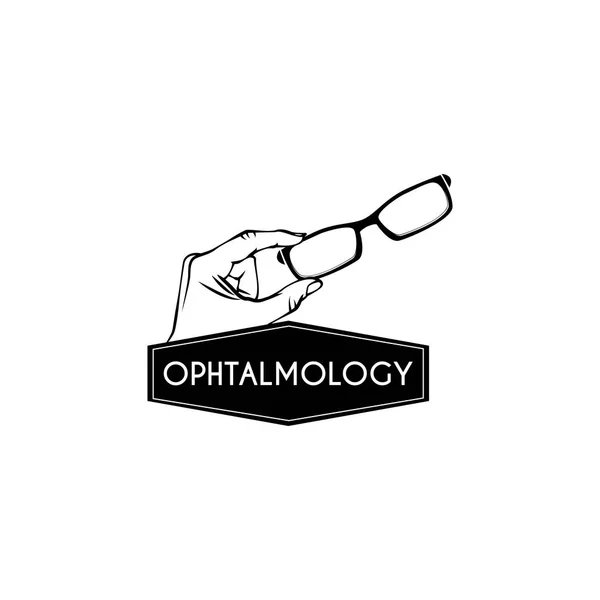 Die Hand hält eine Brille. Augeninschrift. Optik-Logo. Vektorillustration. — Stockvektor