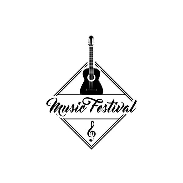 Guitarra y nota musical. Logo del Festival de Música emblema de la etiqueta. Ilustración vectorial . — Vector de stock