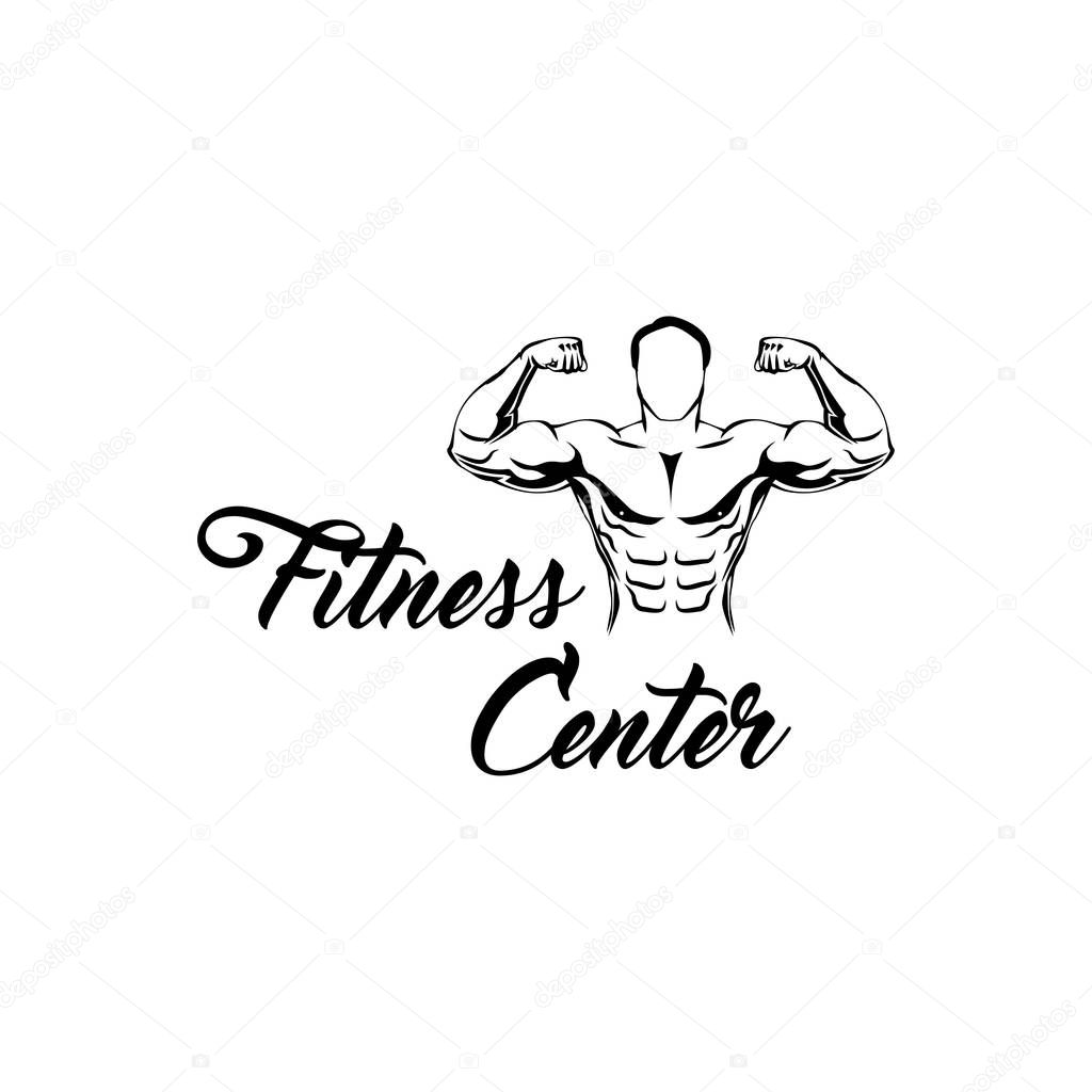 Fitness center logo. Man with the muscles. Posing bodybuilding. Vector illustration on white background.