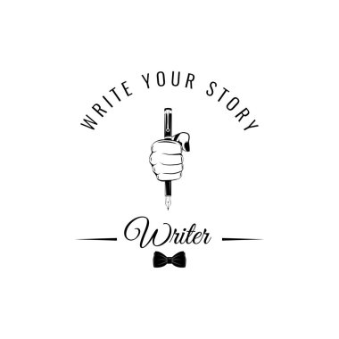 Yazar s rozeti. El ile bir tüy yazma. Vintage kalem, papyon. Vektör çizim.