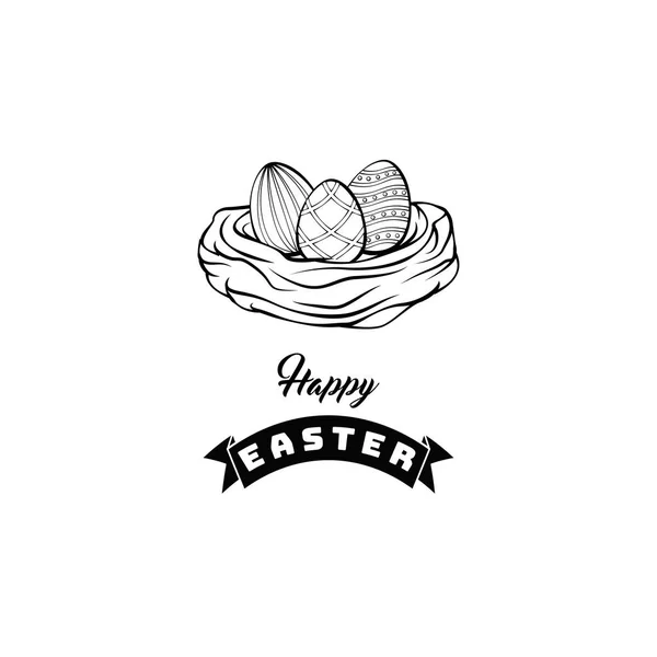 Carte avec œufs de Pâques dans le nid et inscription Joyeux Pâques. Vecteur . — Image vectorielle