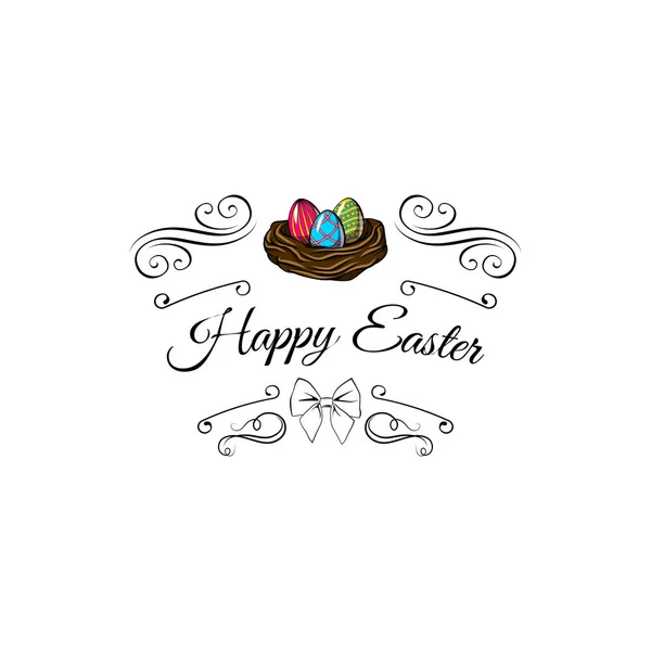 Huevos de Pascua en nido. Inscripción Feliz Pascua, remolinos, reverencia. Ilustración vectorial . — Vector de stock