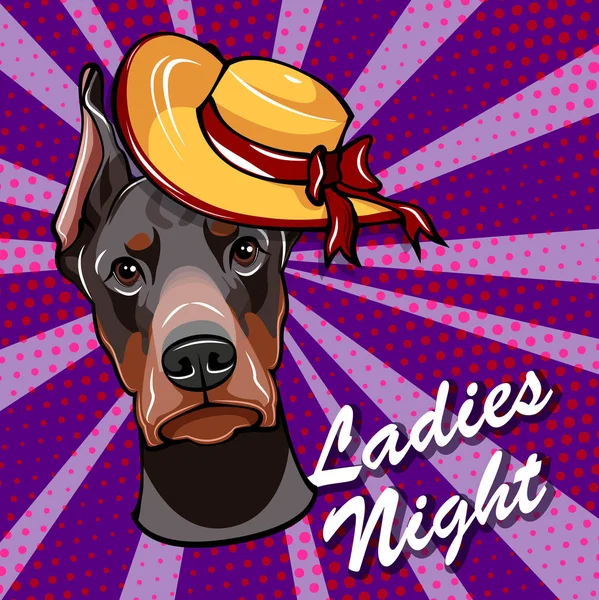 Doberman kutya széles karimájú kalap. Ladies night. Vektoros illusztráció. — Stock Vector