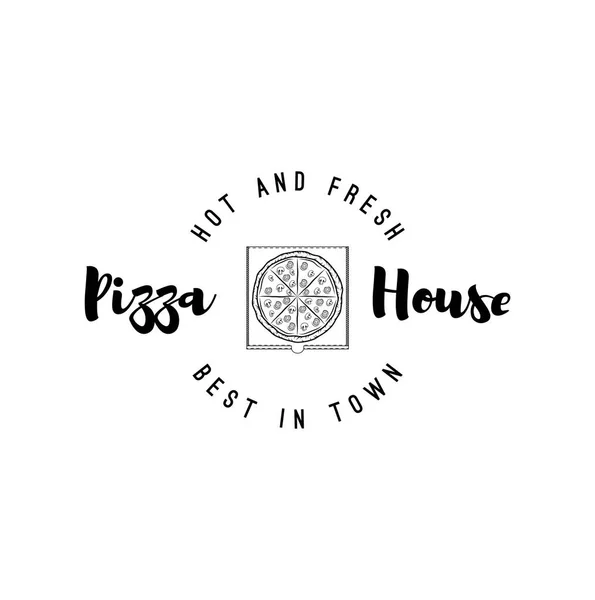 Pizza Box odznak. Pizza House logo. Italské potraviny, pizzerie popisek. Vektorové ilustrace. — Stockový vektor