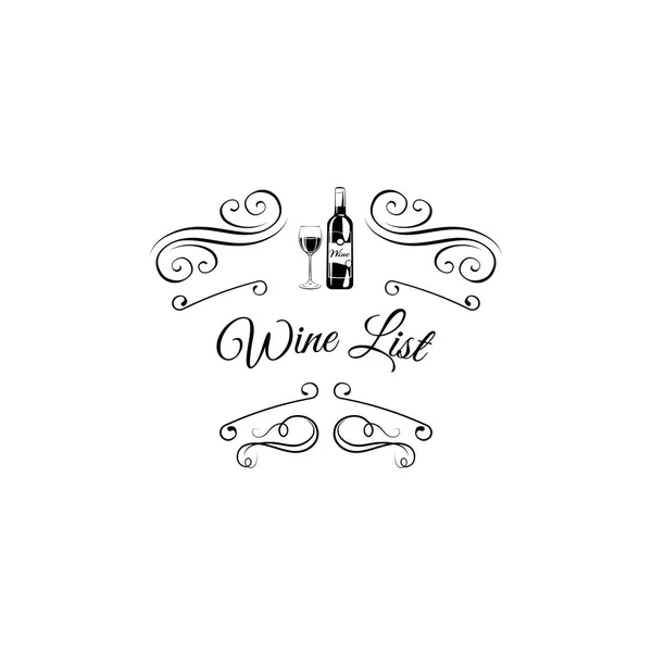 Bottle and wineglass icon. Wine list design with swirls. Vector illustration. — Stock Vector