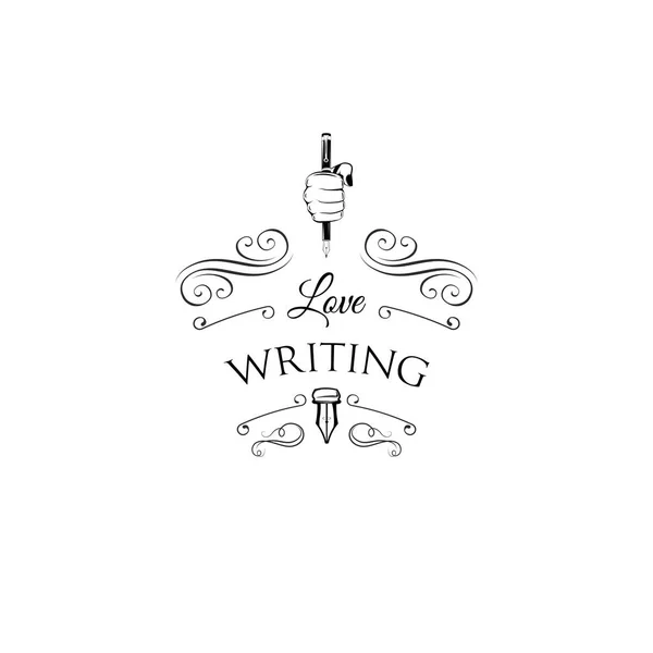 Перо в кулаке. Написать логотип. Надпись "Любить писать". Векторная иллюстрация . — стоковый вектор